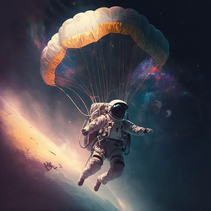 an astronaut floating in the sky with a parachute