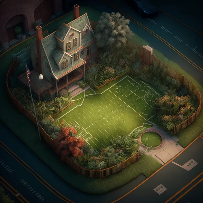 an aerial view of a house and a soccer field