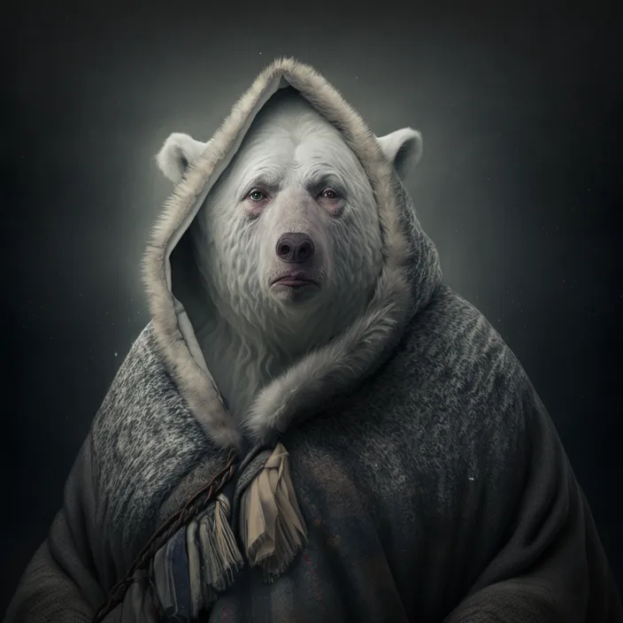 a white polar bear wearing a hooded jacket