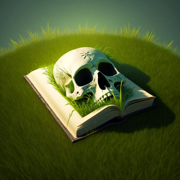 a book with a skull on it laying in the grass