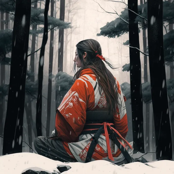 a woman in a red and white kimono sitting in the snow