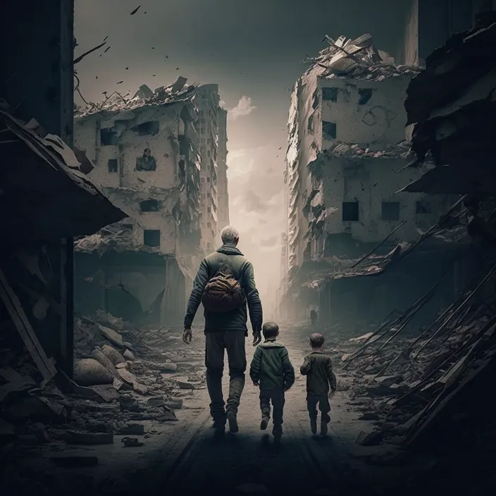 a man and two children walking through a destroyed city