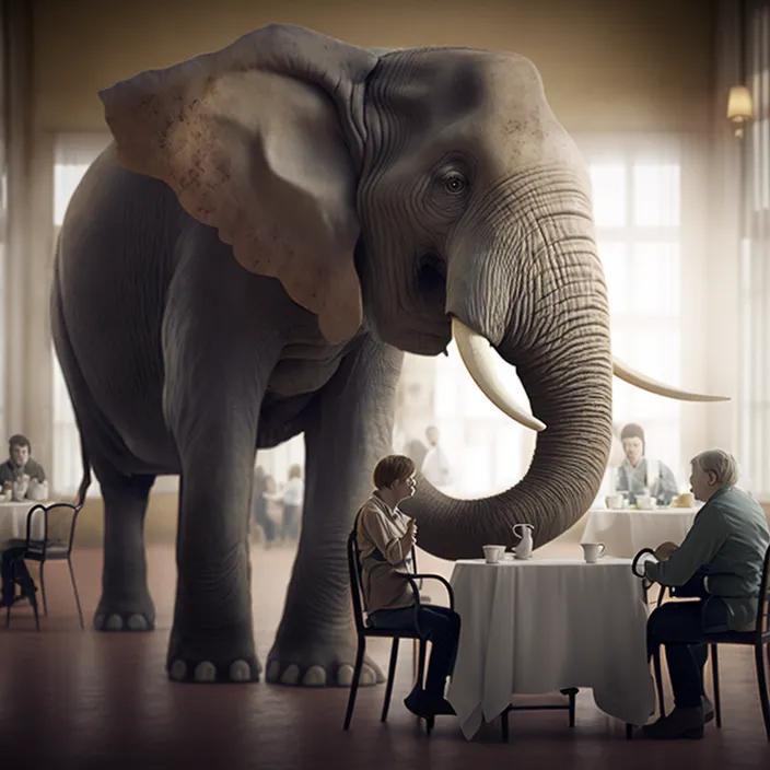 a large elephant standing next to a table