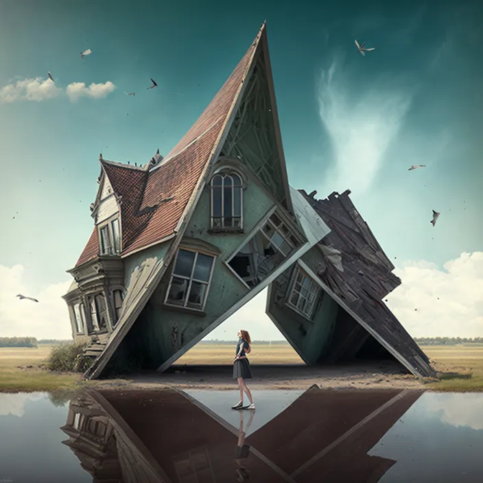 a woman standing in front of a house that is upside down