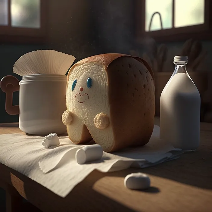 a piece of bread sitting on top of a table next to a bottle of milk