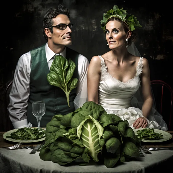 a man and a woman sitting at a table with a head of lettuce