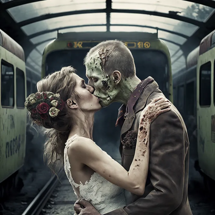 a bride and groom kissing in front of a train