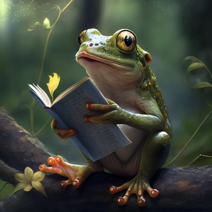 a frog sitting on a branch reading a book