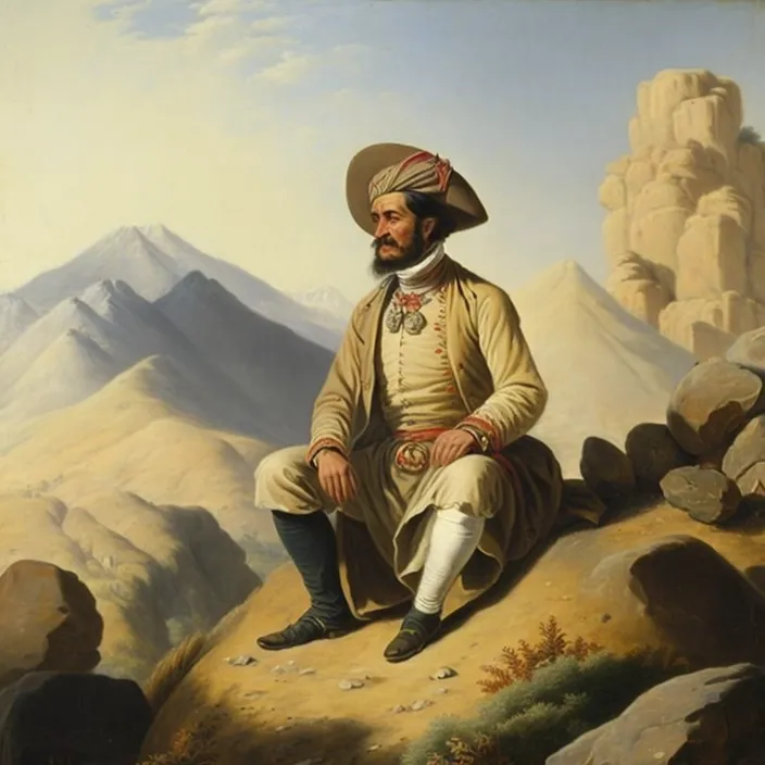 a painting of a man sitting on top of a mountain