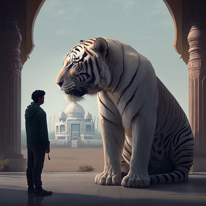 a man standing next to a white tiger