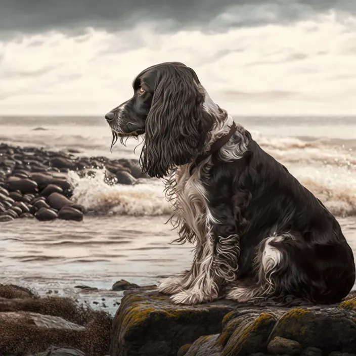 a black and white dog sitting on a rock next to the ocean