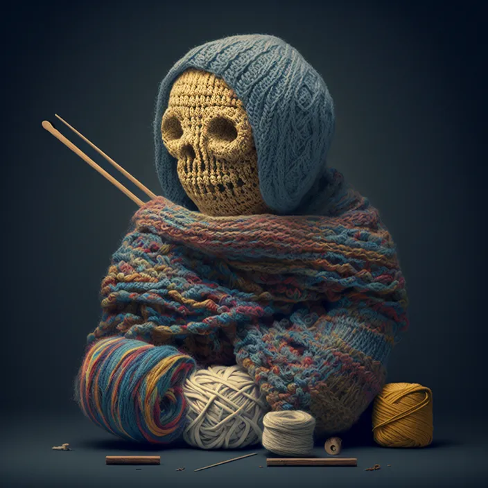 a knitted skull sitting next to a pile of yarn and knitting needles