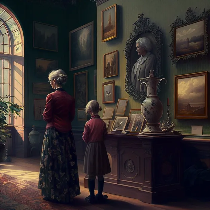 a painting of a woman and a child looking at a statue