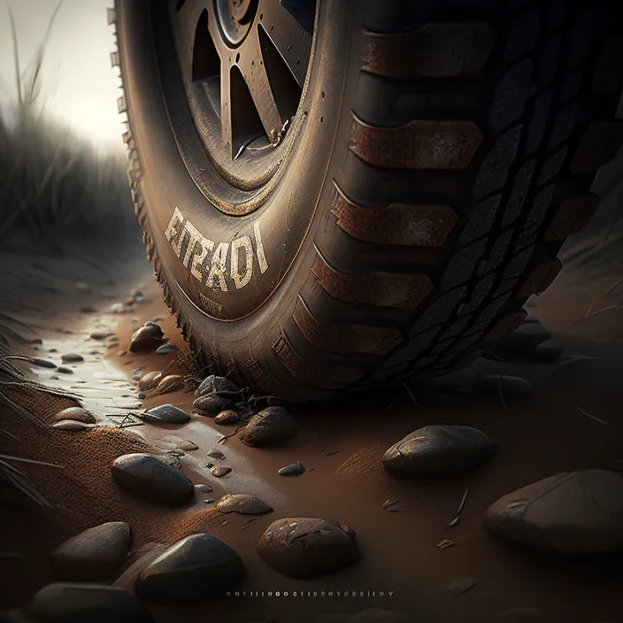 the tire of a truck on a rocky road