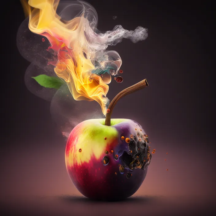 a colorful apple with smoke coming out of it