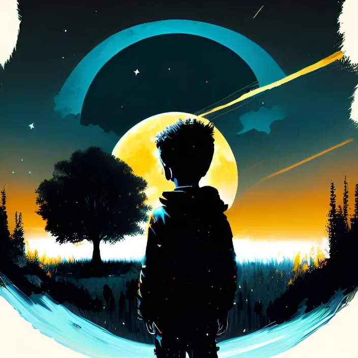 a boy standing in front of a full moon