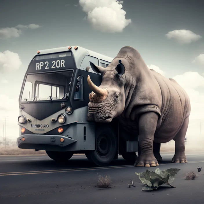 a rhino standing next to a bus on a road