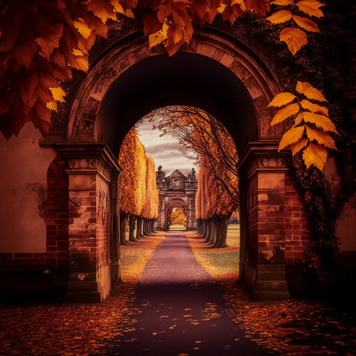 an archway leading to a building with a clock tower in the background