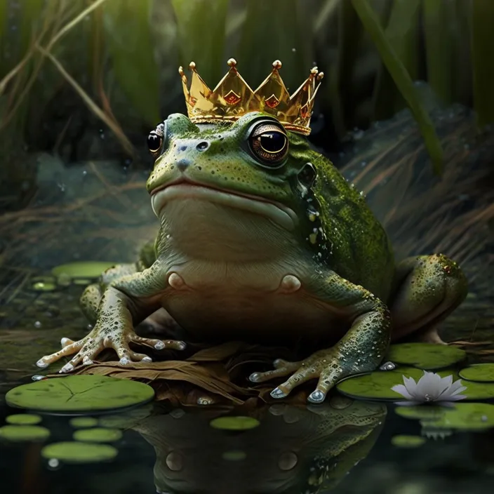 a frog with a crown sitting on a lily pad