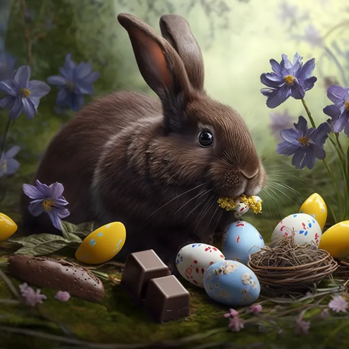 a painting of a rabbit eating a piece of chocolate