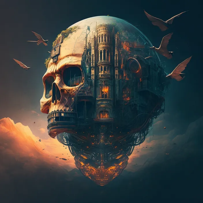 a skull with a building on top of it