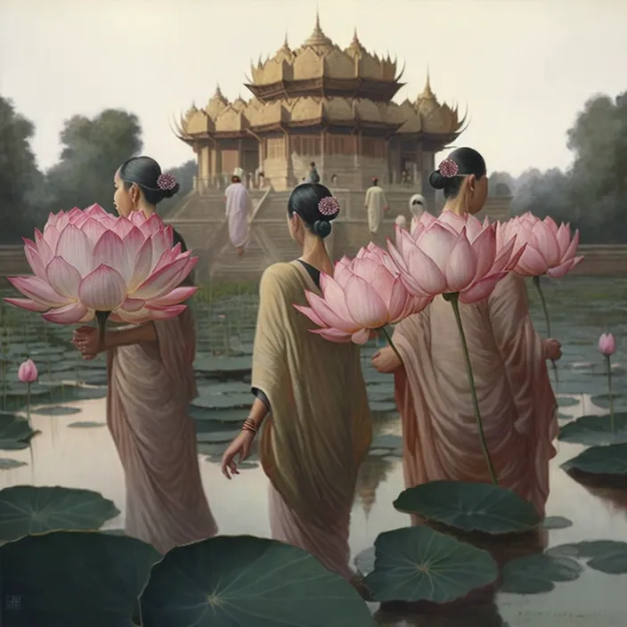 a painting of three women standing in front of a pond with water lillies