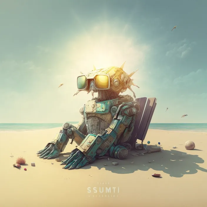 a robot sitting on top of a chair on top of a sandy beach