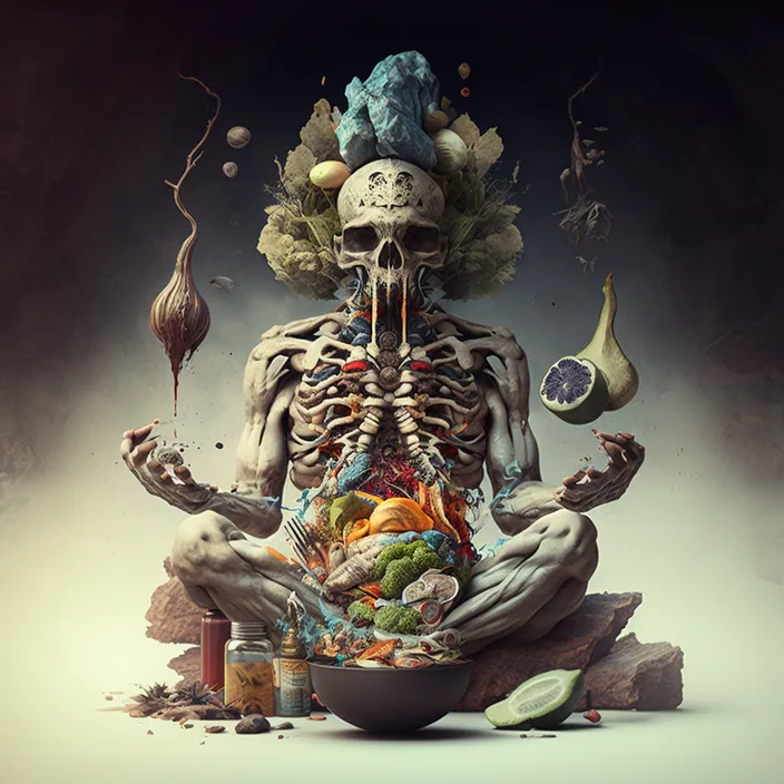 a skeleton sitting in the middle of a bowl of food