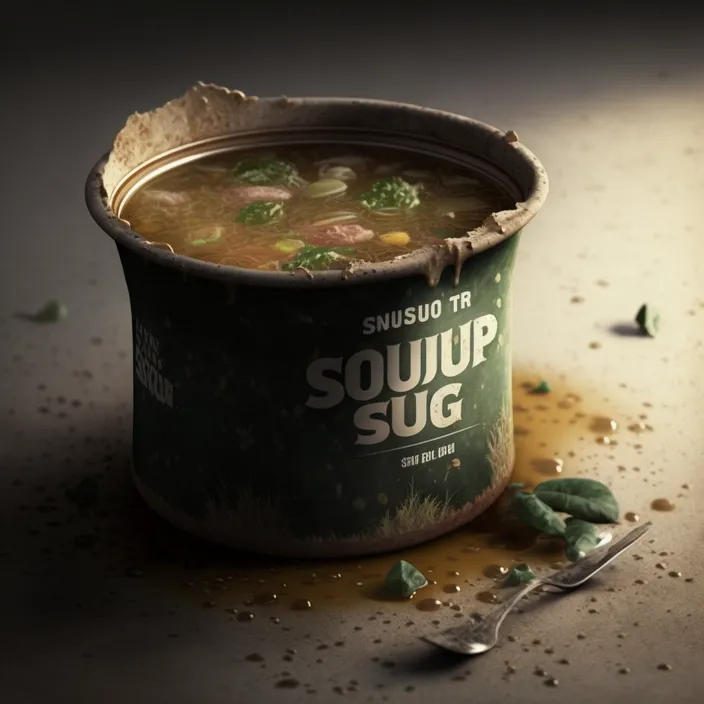 a can of soup sitting on top of a table