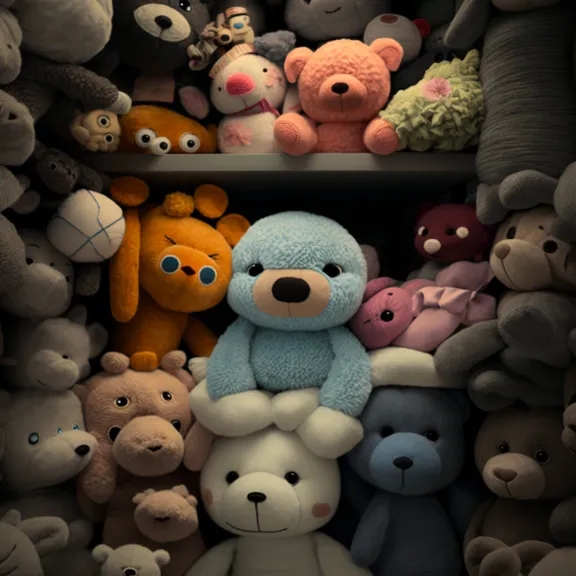 a bunch of stuffed animals sitting on a shelf