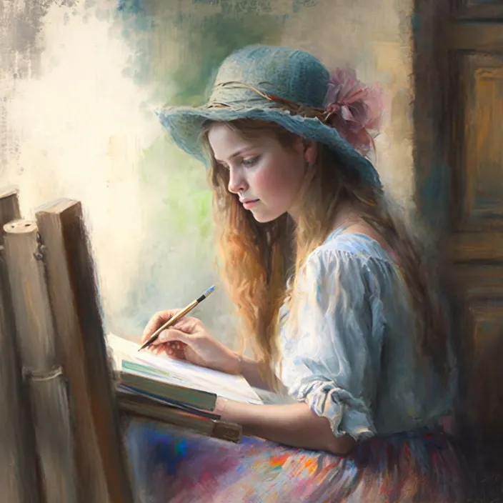 a painting of a girl writing on a book