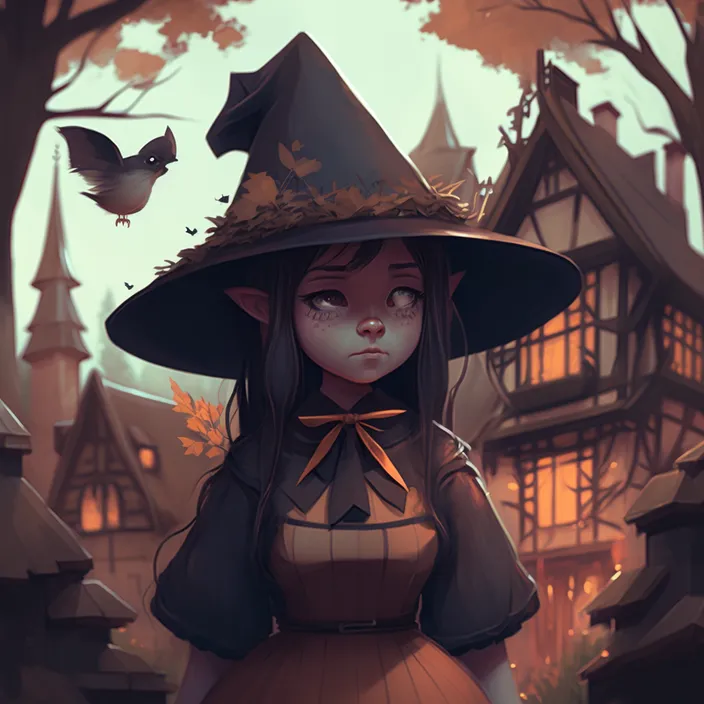 a little girl dressed as a witch in front of a house