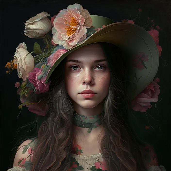 a painting of a girl wearing a hat with flowers on it