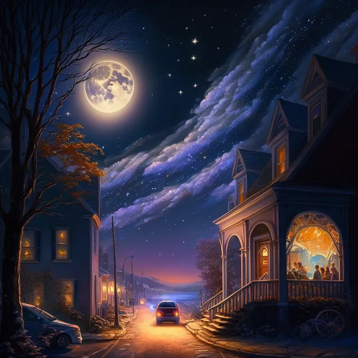 a painting of a street at night with a full moon