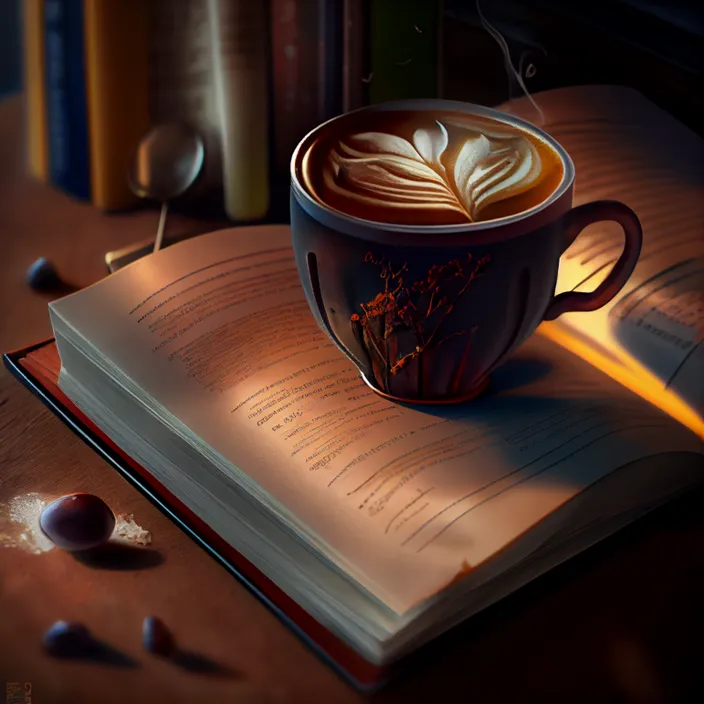 a cup of coffee sitting on top of an open book