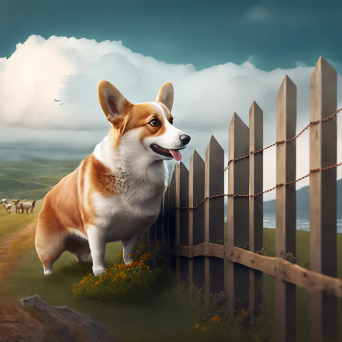 a painting of a corgi looking over a fence