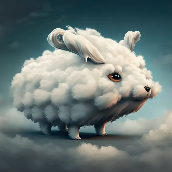 a painting of a white rabbit in the clouds