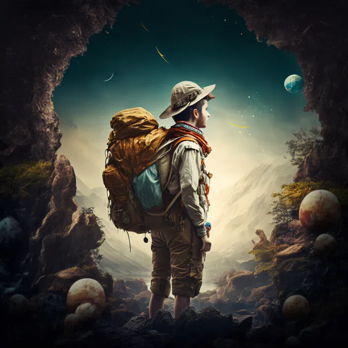 a man with a backpack standing in a cave