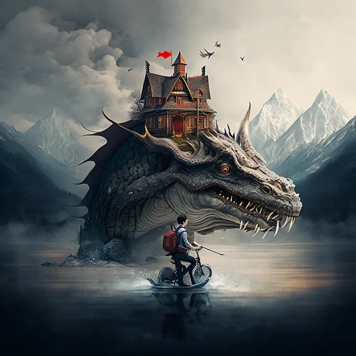 a man riding a bike next to a dragon