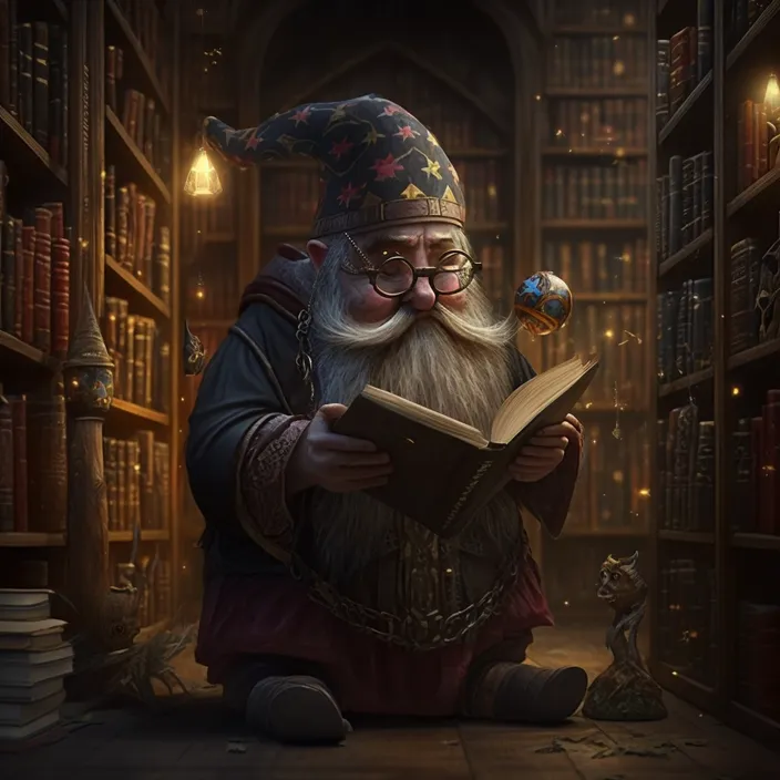 a wizard reading a book in a library