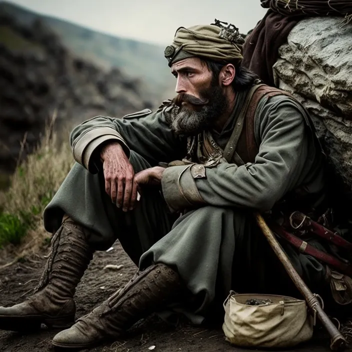 a man with a beard sitting next to a rock