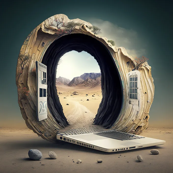 an open laptop computer sitting on top of a desert