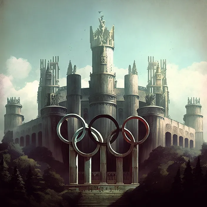 a painting of the olympic rings in front of a castle