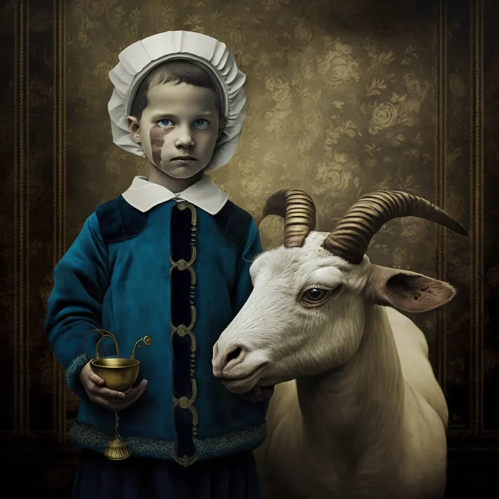 a painting of a boy with a goat