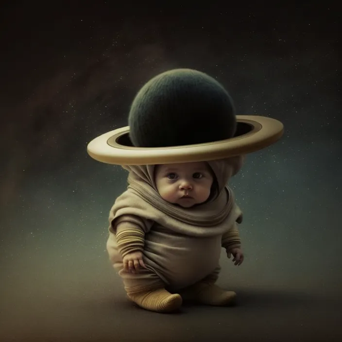 a baby in a space suit with a hat on his head