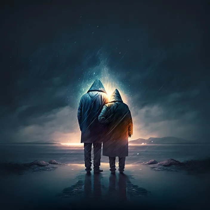 two people standing in front of a dark sky