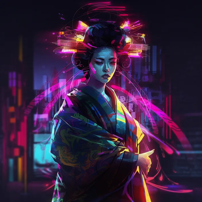 a woman in a kimono is standing in the dark