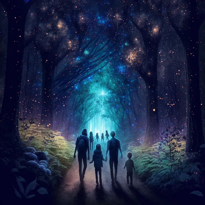 a group of people walking through a forest under a sky filled with stars