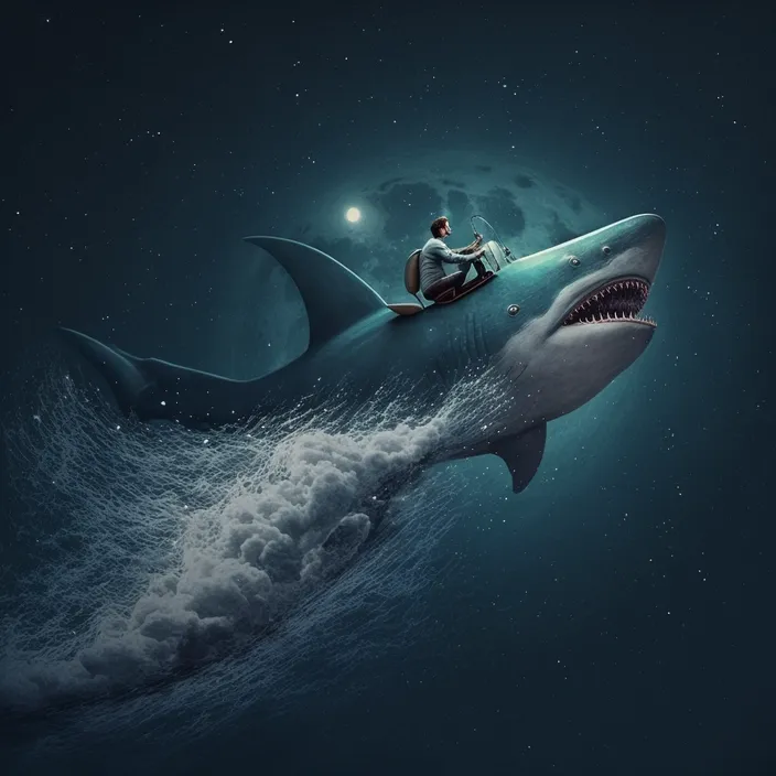 a man sitting on top of a shark in the ocean