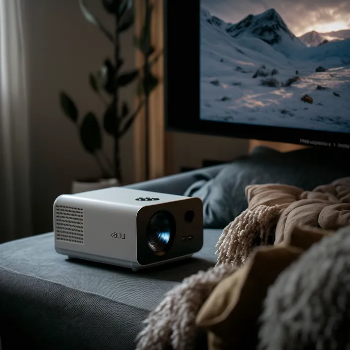 a white projector sitting on top of a bed